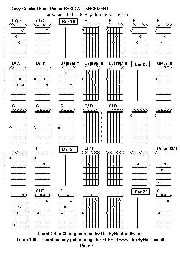 Chord Grids Chart of chord melody fingerstyle guitar song-Davy Crockett-Fess Parker-BASIC ARRANGEMENT,generated by LickByNeck software.